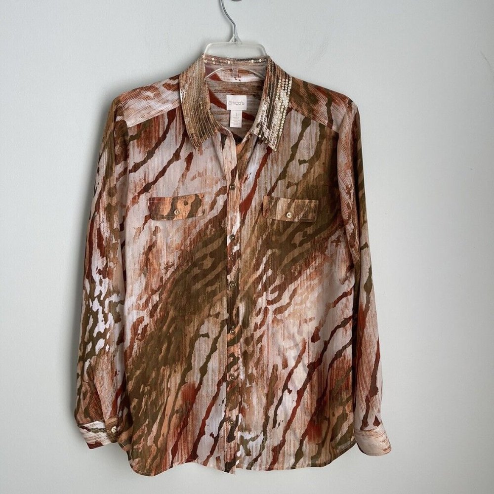 Chico's 1 Neutral Zebra Chic Joceline Top Sequin Collar